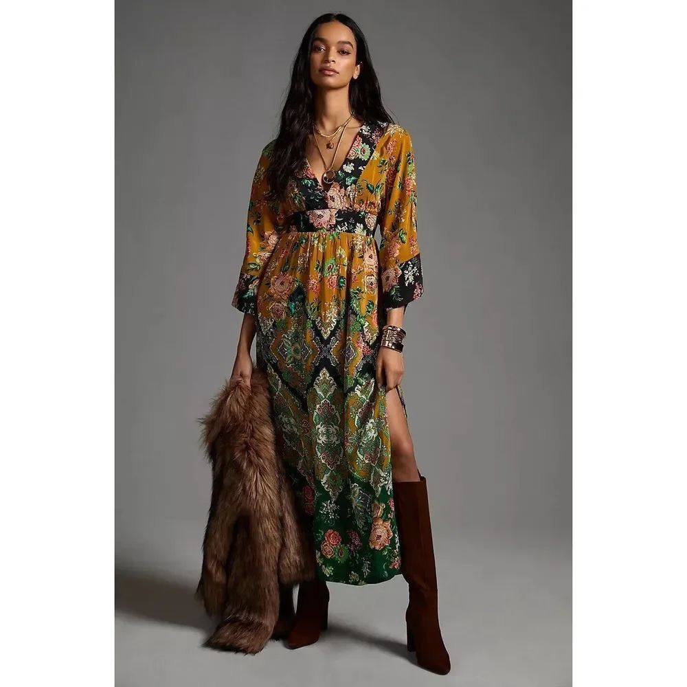 Anthropologie Printed V-Neck Maxi Dress